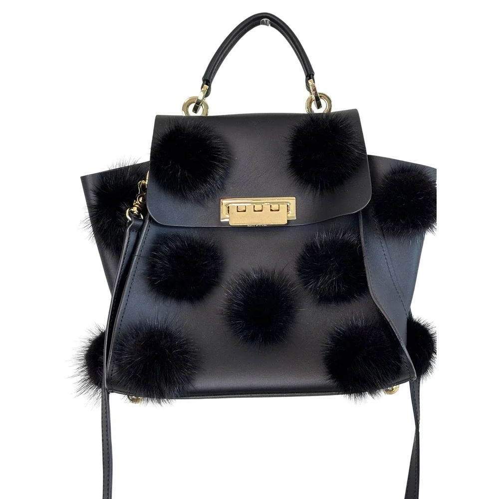 ZAC Zac Posen Eartha Iconic Convertible Backpack Black Leather Mink Fur Pom